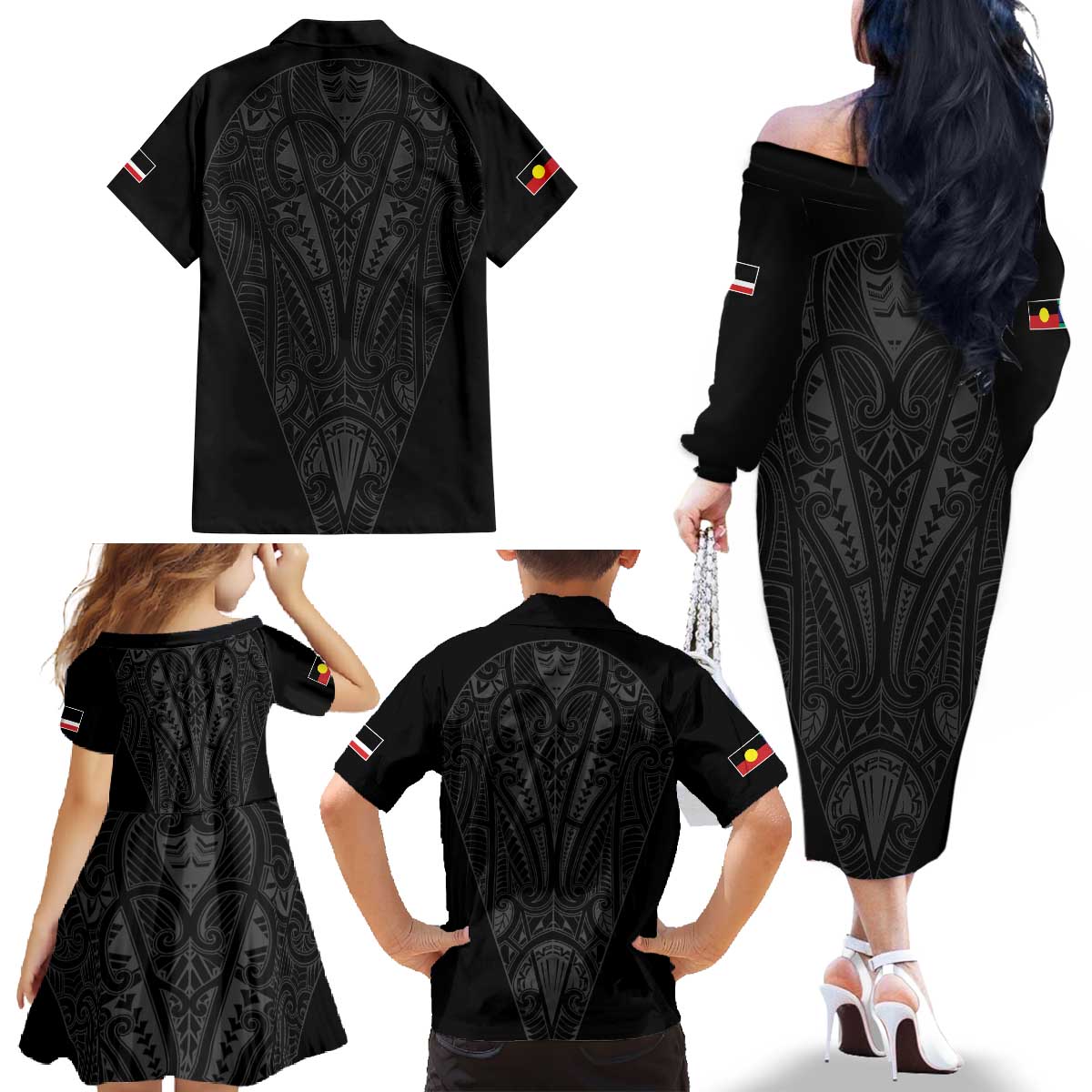 Queensland Maori Rugby Nga Hau e Wha Family Matching Off The Shoulder Long Sleeve Dress and Hawaiian Shirt Black Motif LT9 - Polynesian Pride