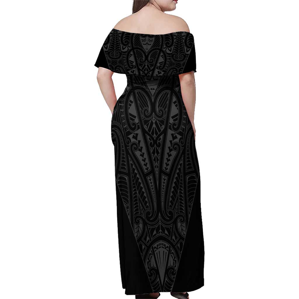 Queensland Maori Rugby Nga Hau e Wha Family Matching Off Shoulder Maxi Dress and Hawaiian Shirt Black Motif LT9 - Polynesian Pride