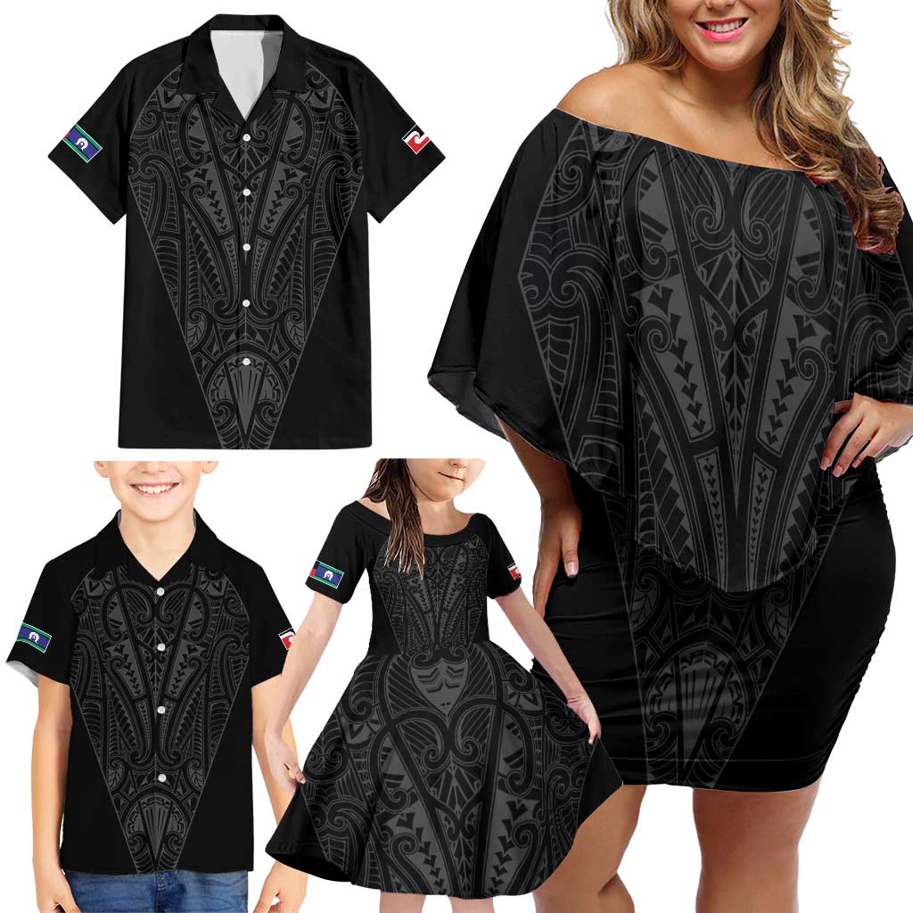 Queensland Maori Rugby Nga Hau e Wha Family Matching Off Shoulder Short Dress and Hawaiian Shirt Black Motif LT9 - Polynesian Pride