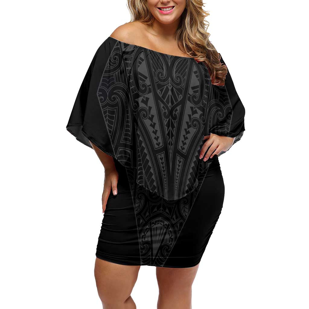 Queensland Maori Rugby Nga Hau e Wha Family Matching Off Shoulder Short Dress and Hawaiian Shirt Black Motif LT9 Mom's Dress Black - Polynesian Pride