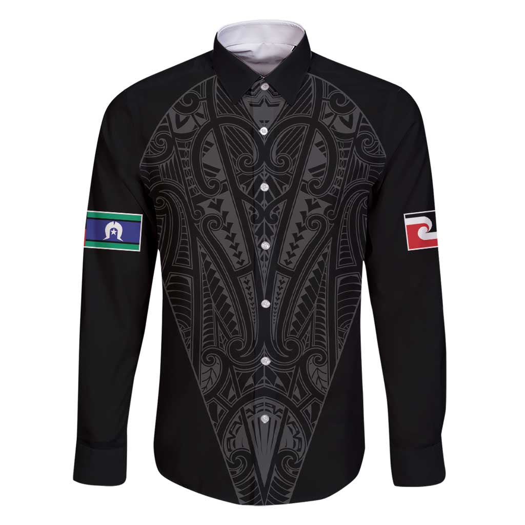Queensland Maori Rugby Nga Hau e Wha Family Matching Short Sleeve Bodycon Dress and Hawaiian Shirt Black Motif LT9 Dad's Shirt - Long Sleeve Black - Polynesian Pride