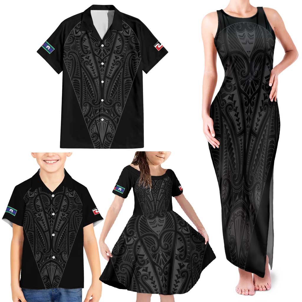 Queensland Maori Rugby Nga Hau e Wha Family Matching Tank Maxi Dress and Hawaiian Shirt Black Motif