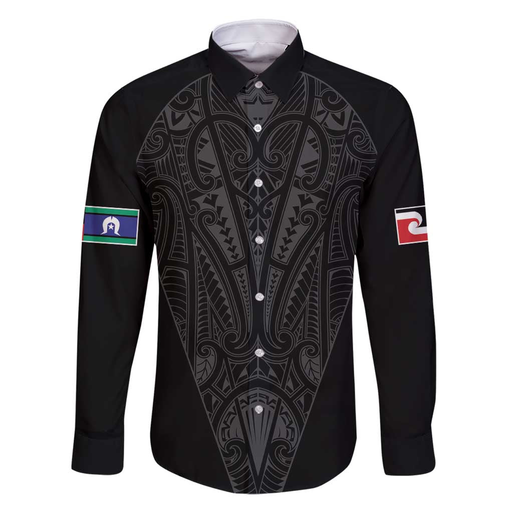 Queensland Maori Rugby Nga Hau e Wha Family Matching Tank Maxi Dress and Hawaiian Shirt Black Motif LT9 Dad's Shirt - Long Sleeve Black - Polynesian Pride