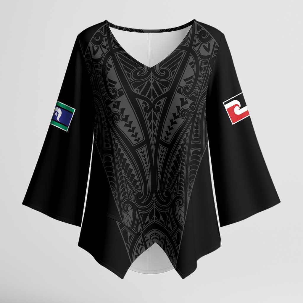 Queensland Maori Rugby Nga Hau e Wha Kimono Sleeve Blouse Black Motif - Polynesian Pride