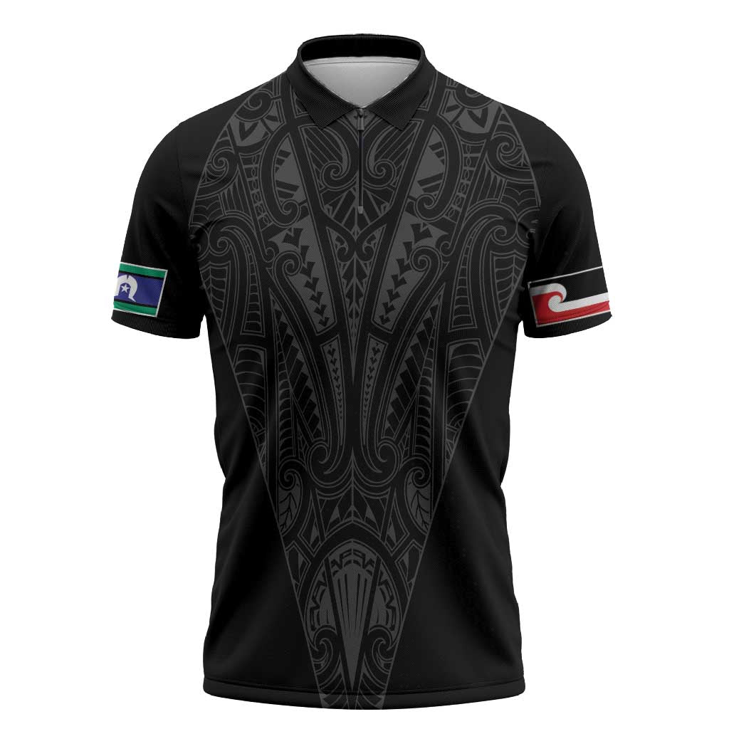Queensland Maori Rugby Nga Hau e Wha Zipper Polo Shirt Black Motif - Polynesian Pride
