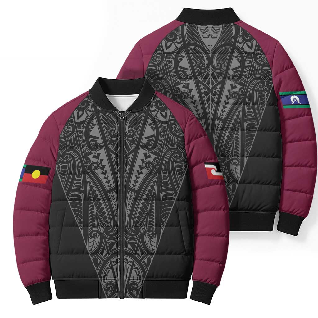 Queensland Maori Rugby Nga Hau e Wha Bomber Puffer Jacket Maroon Motif - Polynesian Pride