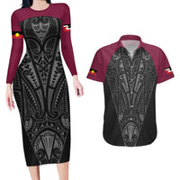 Queensland Maori Rugby Nga Hau e Wha Couples Matching Long Sleeve Bodycon Dress and Hawaiian Shirt Maroon Motif LT9 Maroon - Polynesian Pride