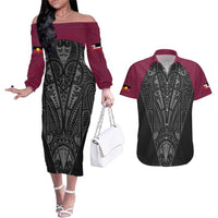 Queensland Maori Rugby Nga Hau e Wha Couples Matching Off The Shoulder Long Sleeve Dress and Hawaiian Shirt Maroon Motif LT9 Maroon - Polynesian Pride