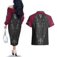Queensland Maori Rugby Nga Hau e Wha Couples Matching Off The Shoulder Long Sleeve Dress and Hawaiian Shirt Maroon Motif LT9 - Polynesian Pride