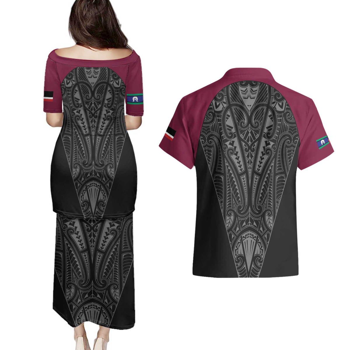 Queensland Maori Rugby Nga Hau e Wha Couples Matching Puletasi and Hawaiian Shirt Maroon Motif
