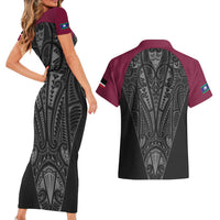 Queensland Maori Rugby Nga Hau e Wha Couples Matching Short Sleeve Bodycon Dress and Hawaiian Shirt Maroon Motif LT9 - Polynesian Pride
