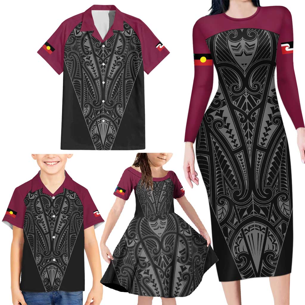 Queensland Maori Rugby Nga Hau e Wha Family Matching Long Sleeve Bodycon Dress and Hawaiian Shirt Maroon Motif LT9 - Polynesian Pride