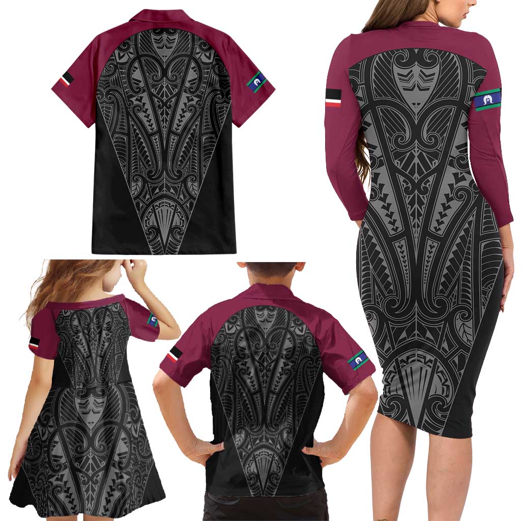 Queensland Maori Rugby Nga Hau e Wha Family Matching Long Sleeve Bodycon Dress and Hawaiian Shirt Maroon Motif LT9 - Polynesian Pride