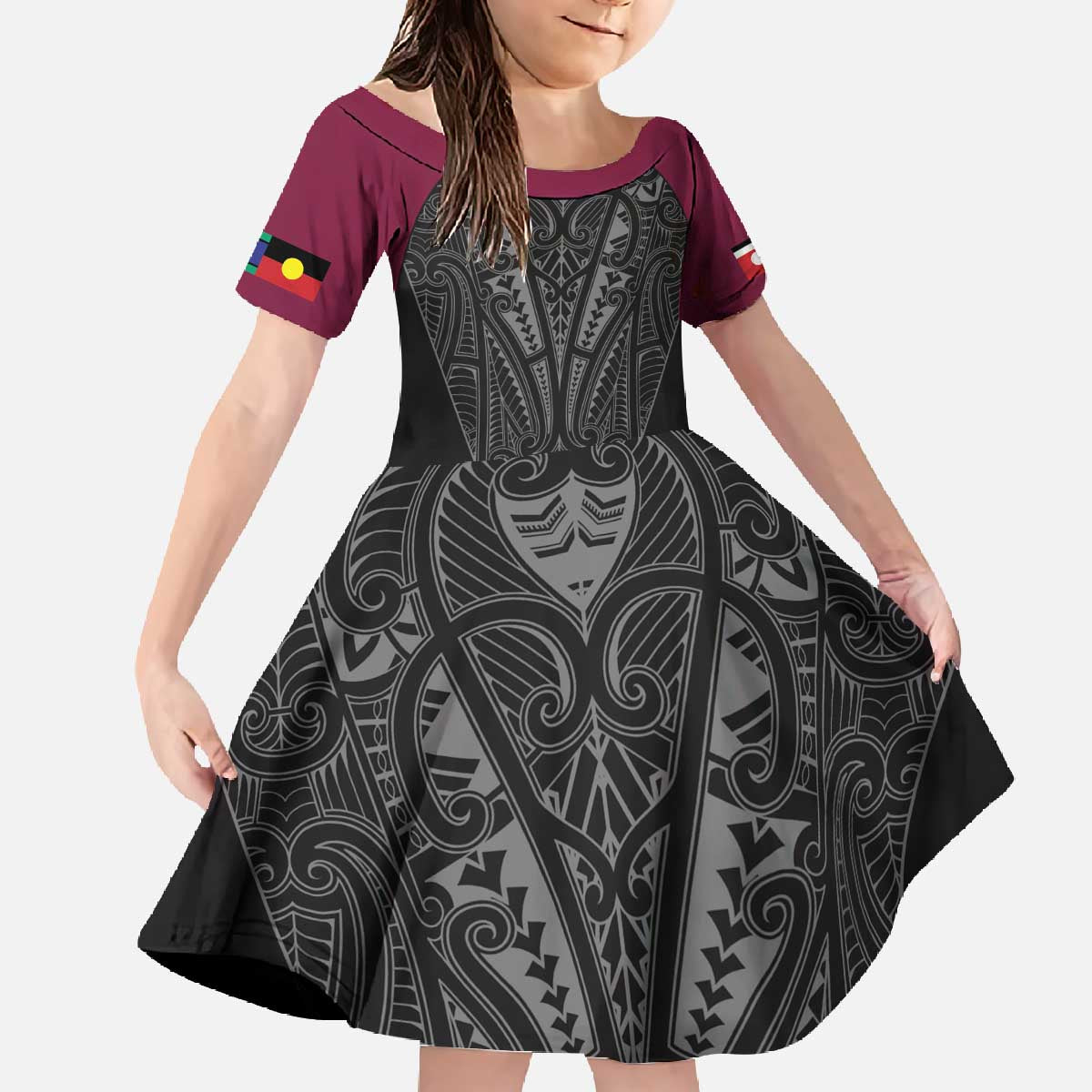 Queensland Maori Rugby Nga Hau e Wha Family Matching Off The Shoulder Long Sleeve Dress and Hawaiian Shirt Maroon Motif LT9 Daughter's Dress Maroon - Polynesian Pride