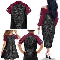 Queensland Maori Rugby Nga Hau e Wha Family Matching Off The Shoulder Long Sleeve Dress and Hawaiian Shirt Maroon Motif LT9 - Polynesian Pride