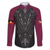 Queensland Maori Rugby Nga Hau e Wha Family Matching Off The Shoulder Long Sleeve Dress and Hawaiian Shirt Maroon Motif LT9 Dad's Shirt - Long Sleeve Maroon - Polynesian Pride