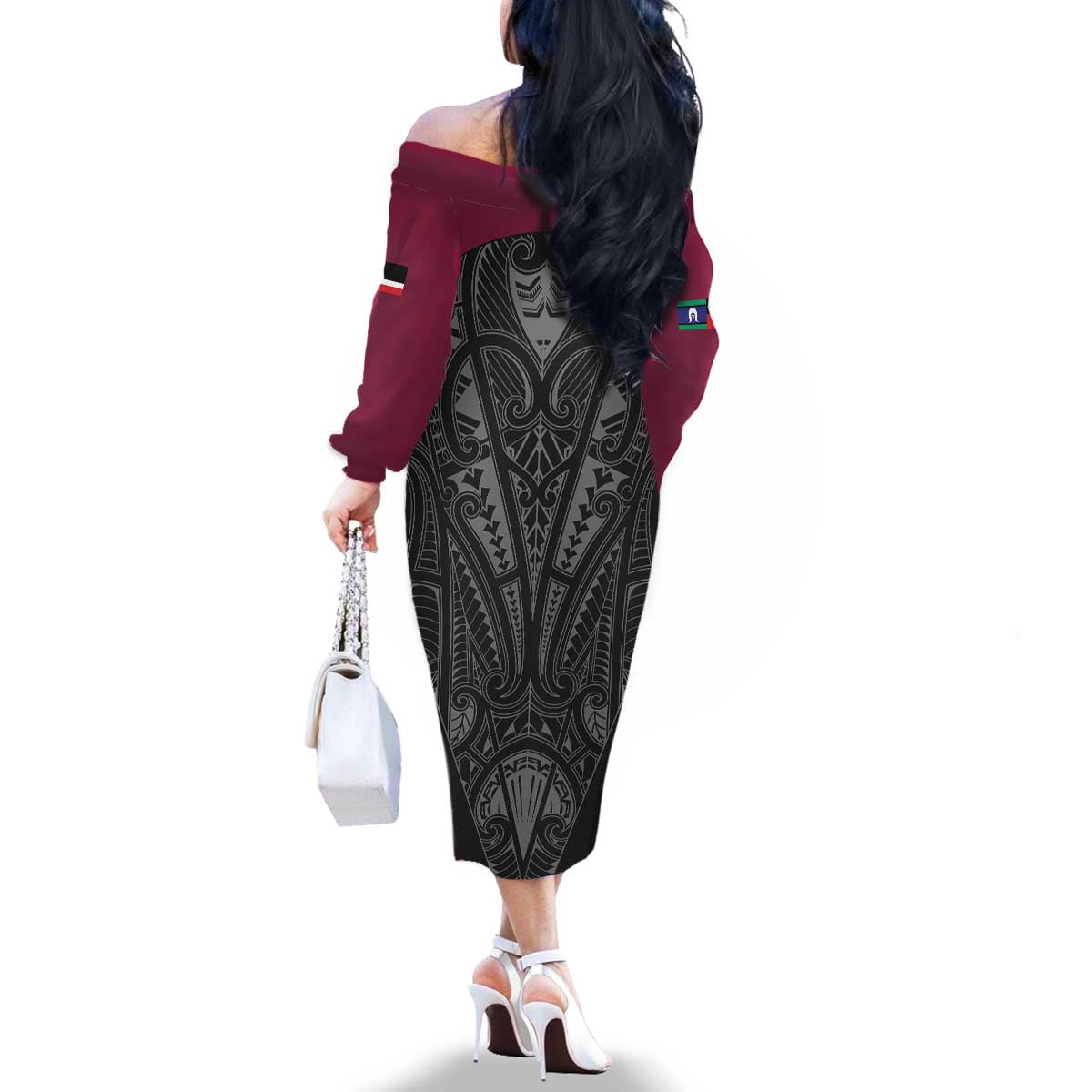 Queensland Maori Rugby Nga Hau e Wha Family Matching Off The Shoulder Long Sleeve Dress and Hawaiian Shirt Maroon Motif LT9 - Polynesian Pride