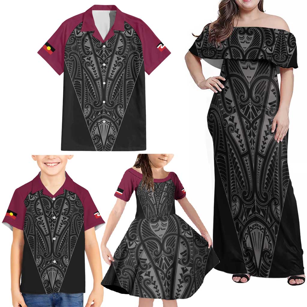 Queensland Maori Rugby Nga Hau e Wha Family Matching Off Shoulder Maxi Dress and Hawaiian Shirt Maroon Motif LT9 - Polynesian Pride