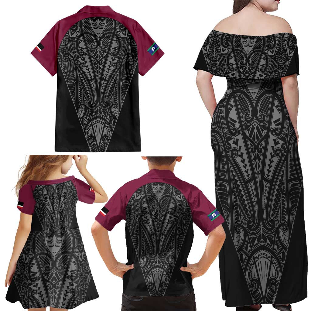 Queensland Maori Rugby Nga Hau e Wha Family Matching Off Shoulder Maxi Dress and Hawaiian Shirt Maroon Motif LT9 - Polynesian Pride