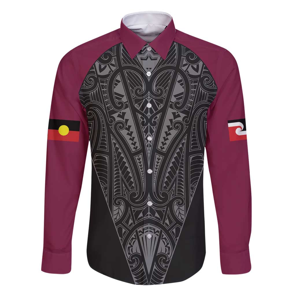 Queensland Maori Rugby Nga Hau e Wha Family Matching Off Shoulder Maxi Dress and Hawaiian Shirt Maroon Motif LT9 Dad's Shirt - Long Sleeve Maroon - Polynesian Pride