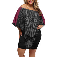 Queensland Maori Rugby Nga Hau e Wha Family Matching Off Shoulder Short Dress and Hawaiian Shirt Maroon Motif LT9 Mom's Dress Maroon - Polynesian Pride
