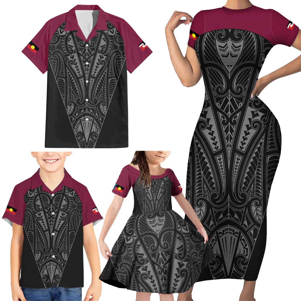 Queensland Maori Rugby Nga Hau e Wha Family Matching Short Sleeve Bodycon Dress and Hawaiian Shirt Maroon Motif LT9 - Polynesian Pride