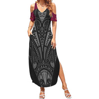 Queensland Maori Rugby Nga Hau e Wha Family Matching Summer Maxi Dress and Hawaiian Shirt Maroon Motif LT9 Mom's Dress Maroon - Polynesian Pride