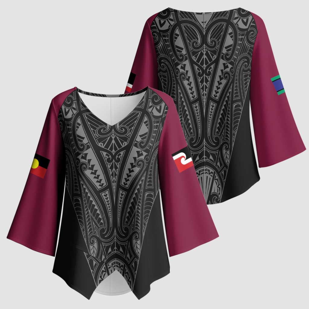 Queensland Maori Rugby Nga Hau e Wha Kimono Sleeve Blouse Maroon Motif - Polynesian Pride
