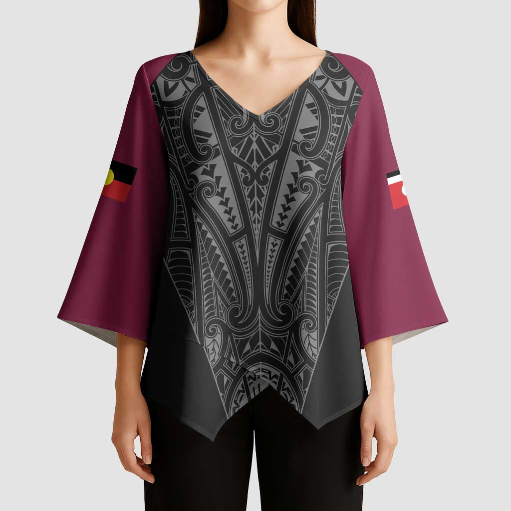 Queensland Maori Rugby Nga Hau e Wha Kimono Sleeve Blouse Maroon Motif - Polynesian Pride