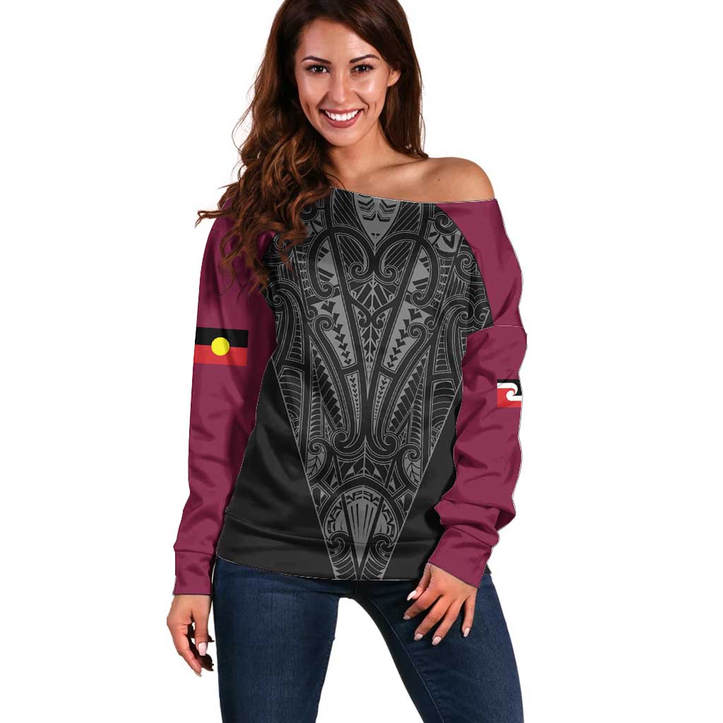 Queensland Maori Rugby Nga Hau e Wha Off Shoulder Sweater Maroon Motif
