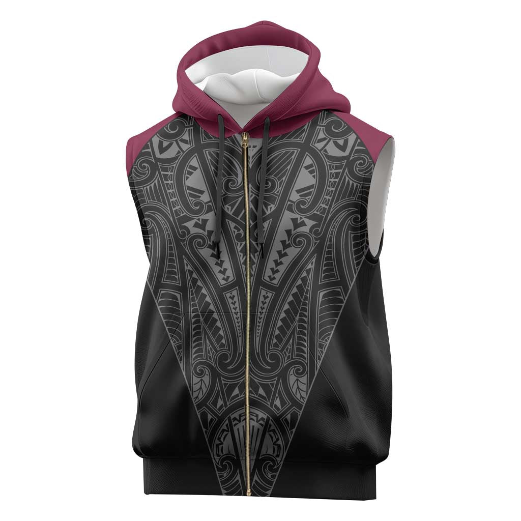 Queensland Maori Rugby Nga Hau e Wha Sleeveless Zip Hoodie Maroon Motif - Polynesian Pride