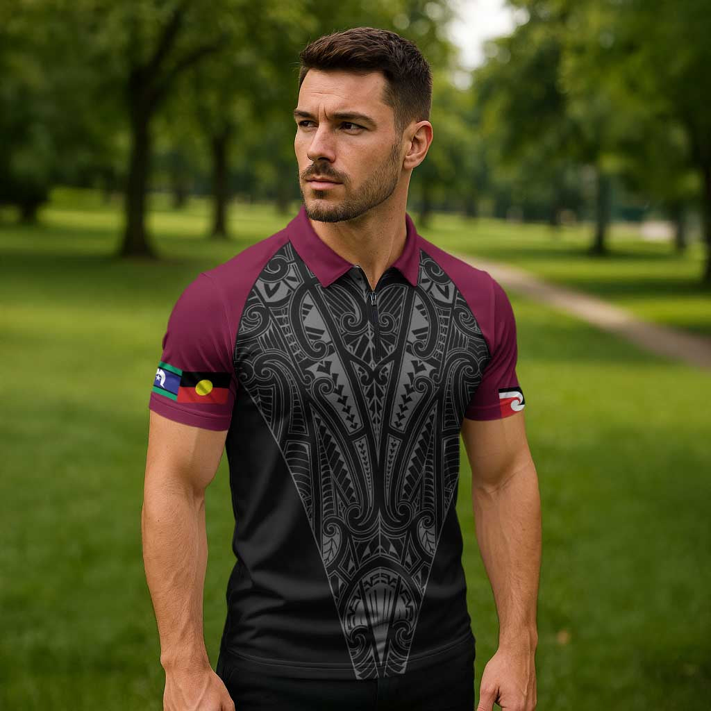 Queensland Maori Rugby Nga Hau e Wha Zipper Polo Shirt Maroon Motif - Polynesian Pride