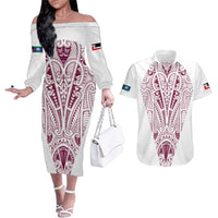 Queensland Maori Rugby Nga Hau e Wha Couples Matching Off The Shoulder Long Sleeve Dress and Hawaiian Shirt White Motif LT9 White - Polynesian Pride