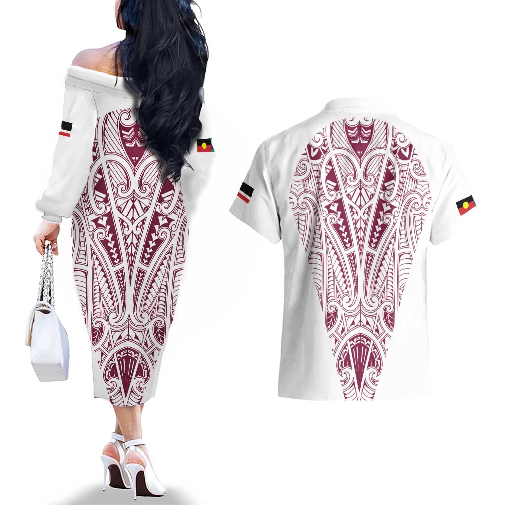 Queensland Maori Rugby Nga Hau e Wha Couples Matching Off The Shoulder Long Sleeve Dress and Hawaiian Shirt White Motif LT9 - Polynesian Pride
