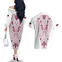 Queensland Maori Rugby Nga Hau e Wha Couples Matching Off The Shoulder Long Sleeve Dress and Hawaiian Shirt White Motif LT9 - Polynesian Pride