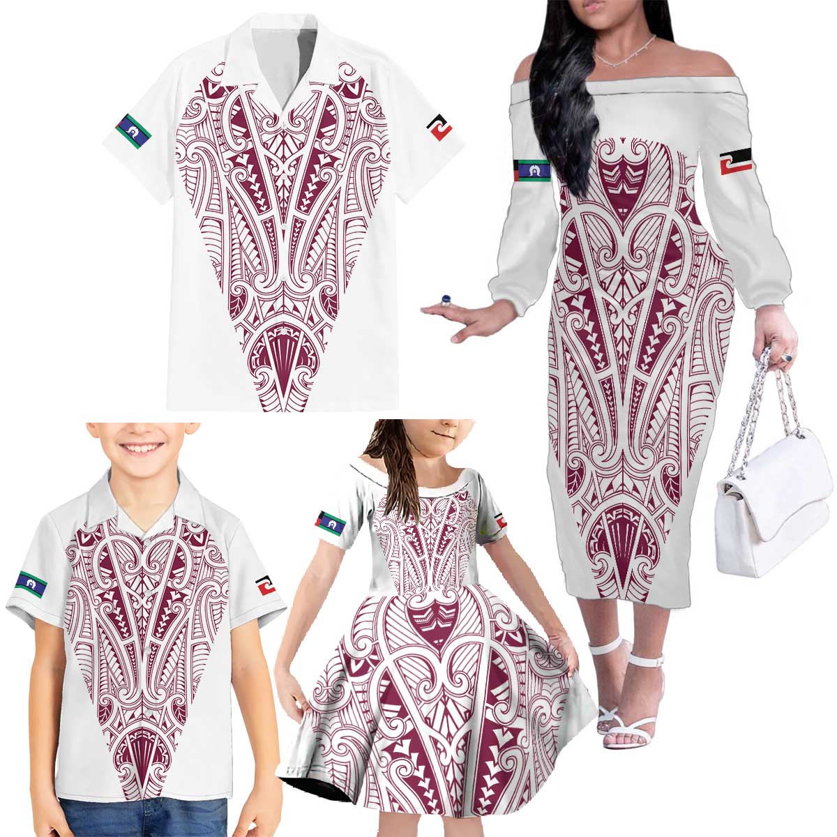 Queensland Maori Rugby Nga Hau e Wha Family Matching Off The Shoulder Long Sleeve Dress and Hawaiian Shirt White Motif LT9 - Polynesian Pride