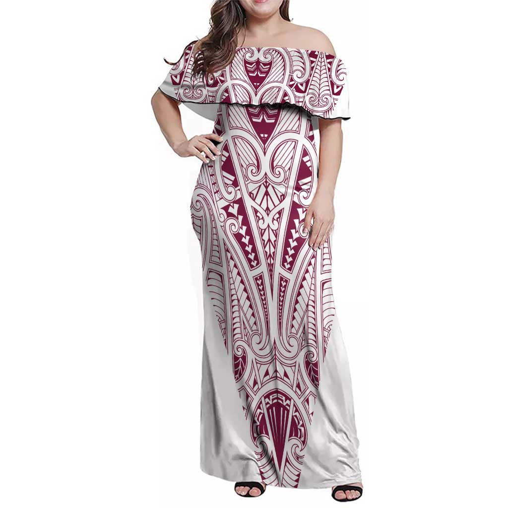 Queensland Maori Rugby Nga Hau e Wha Family Matching Off Shoulder Maxi Dress and Hawaiian Shirt White Motif LT9 Mom's Dress White - Polynesian Pride