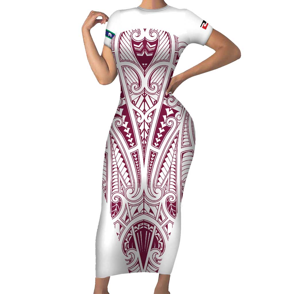 Queensland Maori Rugby Nga Hau e Wha Family Matching Short Sleeve Bodycon Dress and Hawaiian Shirt White Motif LT9 Mom's Dress White - Polynesian Pride