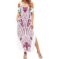 Queensland Maori Rugby Nga Hau e Wha Family Matching Summer Maxi Dress and Hawaiian Shirt White Motif LT9 Mom's Dress White - Polynesian Pride