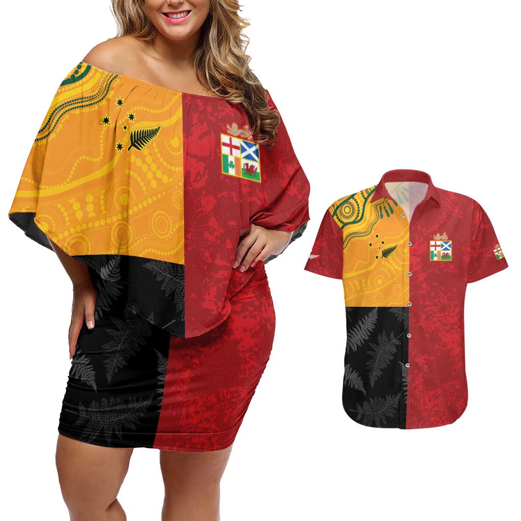Custom British Lions-AUNZ Couples Matching Off Shoulder Short Dress and Hawaiian Shirt Australia-New Zealand Indigenous Motif LT9 Red - Polynesian Pride