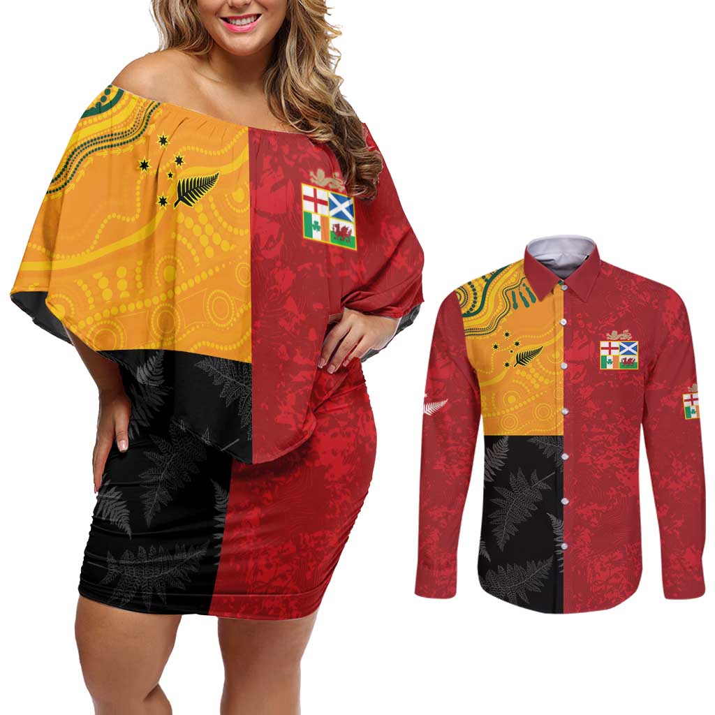 Custom British Lions-AUNZ Couples Matching Off Shoulder Short Dress and Long Sleeve Button Shirt Australia-New Zealand Indigenous Motif