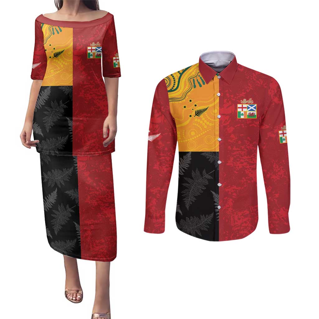 Custom British Lions-AUNZ Couples Matching Puletasi and Long Sleeve Button Shirt Australia-New Zealand Indigenous Motif