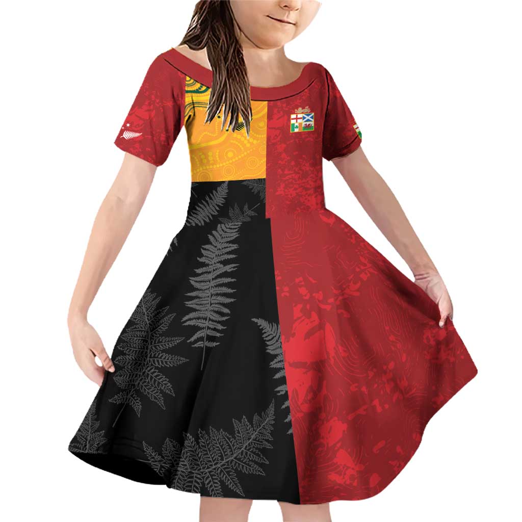 Custom British Lions-AUNZ Family Matching Off Shoulder Short Dress and Hawaiian Shirt Australia-New Zealand Indigenous Motif LT9 Daughter's Dress Red - Polynesian Pride
