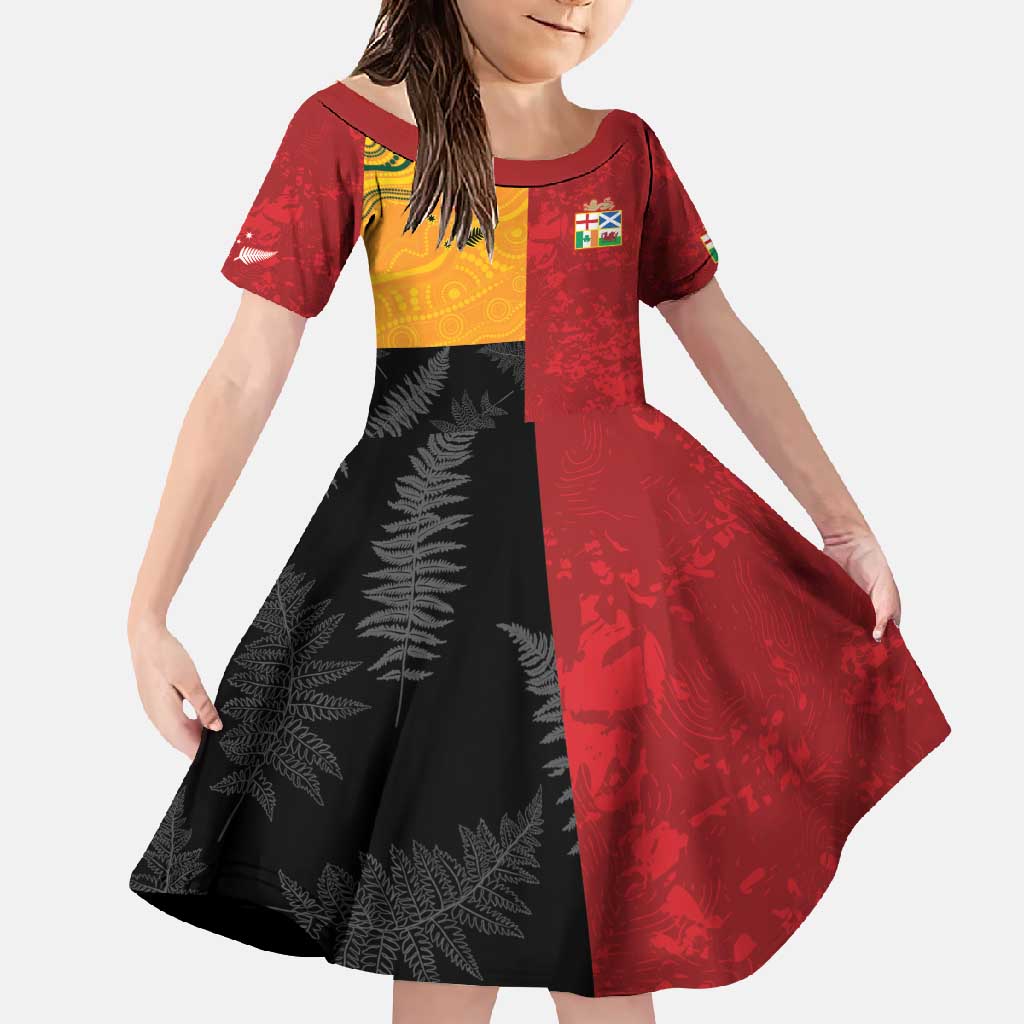 Custom British Lions-AUNZ Family Matching Short Sleeve Bodycon Dress and Hawaiian Shirt Australia-New Zealand Indigenous Motif LT9 Daughter's Dress Red - Polynesian Pride