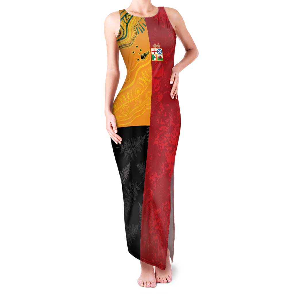 Custom British Lions-AUNZ Family Matching Tank Maxi Dress and Hawaiian Shirt Australia-New Zealand Indigenous Motif LT9 Mom's Dress Red - Polynesian Pride