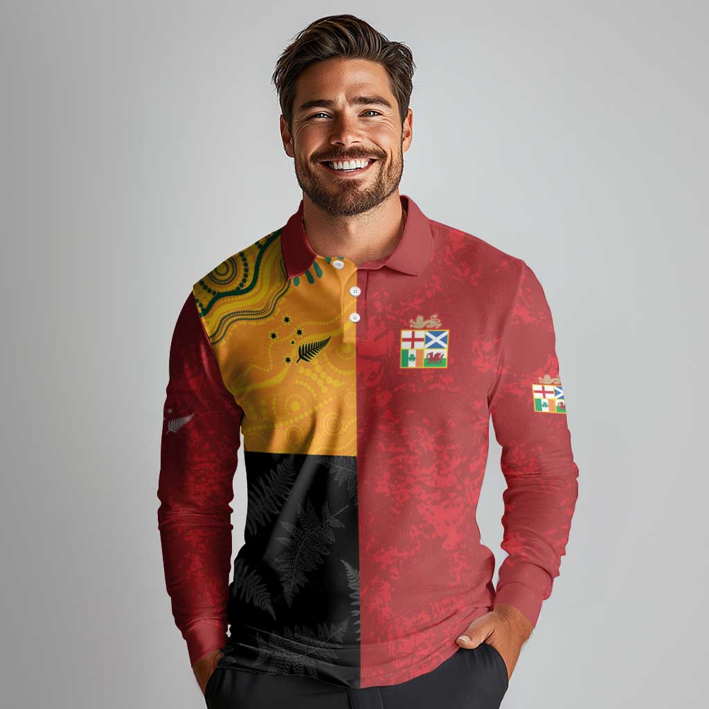 Custom British Lions-AUNZ Long Sleeve Polo Shirt Australia-New Zealand Indigenous Motif