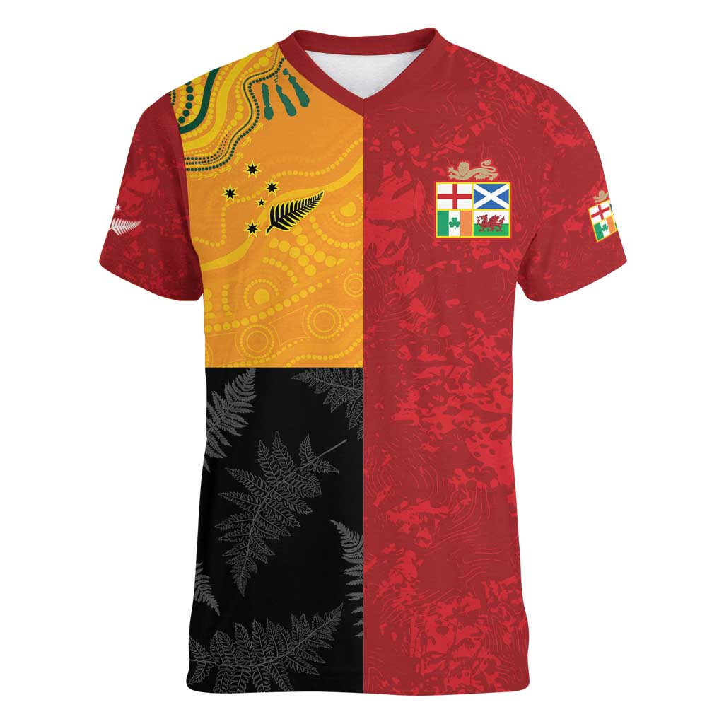 Custom British Lions-AUNZ Women V-Neck T-Shirt Australia-New Zealand Indigenous Motif LT9 Female Red - Polynesian Pride