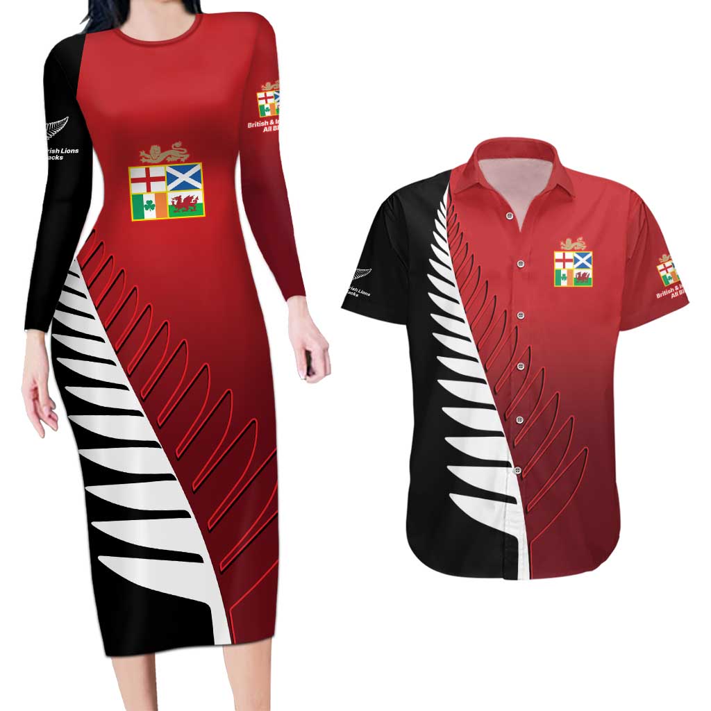 Custom British Lions New Zealand Couples Matching Long Sleeve Bodycon Dress and Hawaiian Shirt Half Black Fern