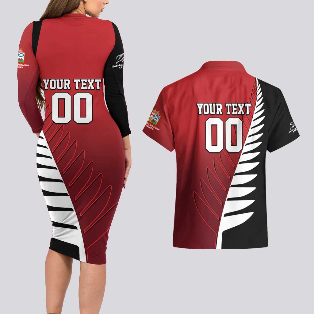 Custom British Lions New Zealand Couples Matching Long Sleeve Bodycon Dress and Hawaiian Shirt Half Black Fern