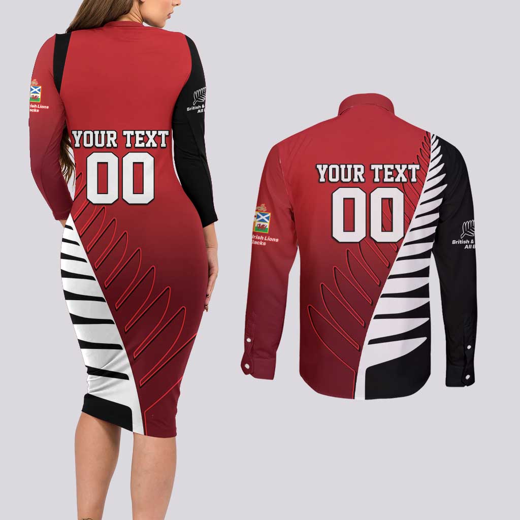 Custom British Lions New Zealand Couples Matching Long Sleeve Bodycon Dress and Long Sleeve Button Shirt Half Black Fern
